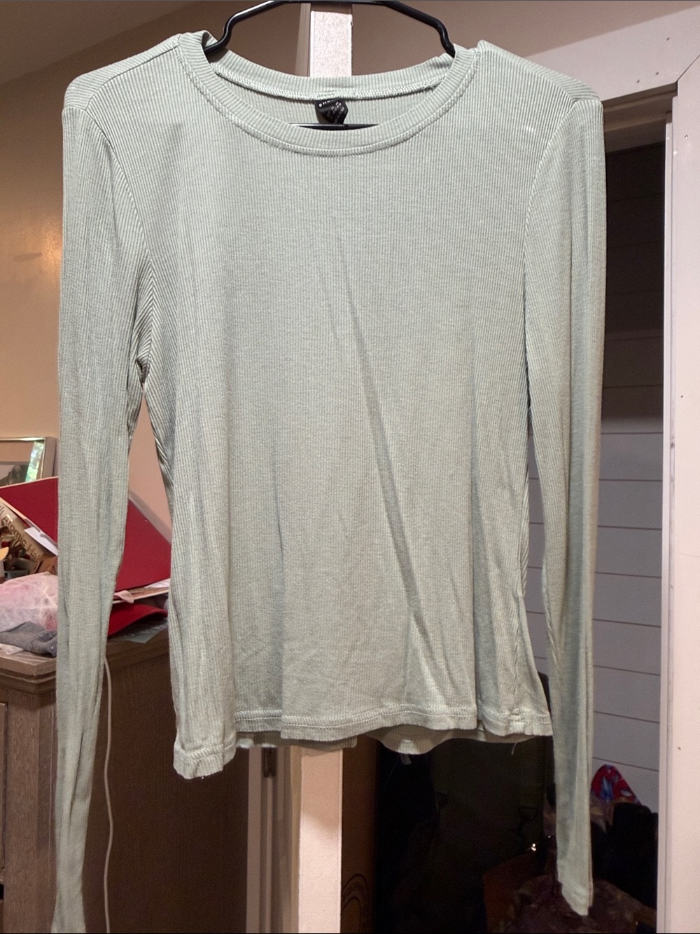 SHEIN Sage Ribbed Long Sleeve Crew Neck Top